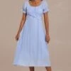 Blue Short Puff Sleeve Square Neck Cross Tie Up Midi Dress -LILA Clothing Shop brld23062003 1
