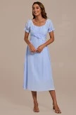 Blue Short Puff Sleeve Square Neck Cross Tie Up Midi Dress 7 Blue Short Puff Sleeve Square Neck Cross Tie Up Midi Dress - Image 5