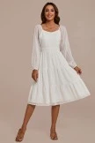 White Long Sleeve Square Neck Swiss Dots Midi Dress