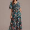 Teal Floral Short Sleeve V Neck Maxi Dress -LILA Clothing Shop brld3012604 1