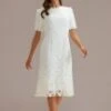 White Lace Short Sleeve Round Neck Midi Dress -LILA Clothing Shop brld3021604 1