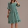 Mint Green Swiss Dots Short Ruffle Sleeve Round Neck Midi Dress