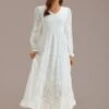 White Textured Floral Long Sleeve V Neck Smocked Tiered Maxi Dress -LILA Clothing Shop brld3022302 1