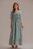 Olive Floral Half Sleeve V Neck Smocked Tie Waist Maxi Dress With Pockets