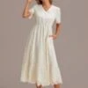 Cream Lace Short Sleeve V Neck Midi Dress With Pockets -LILA Clothing Shop brld3030202 1