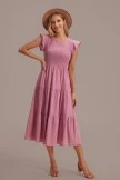 Short Ruffle Sleeve Round Neck Smocked Tiered Midi Dress