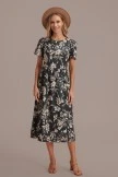 Black Floral Round Neck Short Sleeve Midi Dress