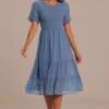 Blue Round Neck Short Sleeve Swiss Dots Smocked Tiered Midi Dress -LILA Clothing Shop brld3041301 1 1