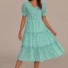 Sage Floral Puff Sleeve Round Neck Smocked Tiered Midi Dress -LILA Clothing Shop brld3042001 1