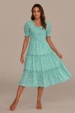 Sage Floral Puff Sleeve Round Neck Smocked Tiered Midi Dress