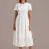 White Short Sleeve Round Neck Smocked Midi Dress -LILA Clothing Shop brld3042004 1