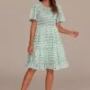 Green Polka Dot Short Sleeve Round Neck Smocked Tiered Mini Dress -LILA Clothing Shop brld3050407 1