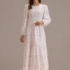 Ivory Floral Long Sleeve Round Neck Smocked Tiered Maxi Dress -LILA Clothing Shop brld305077 1