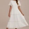 White Short Sleeve Ruffle Neck Smocked Tiered Maxi Dress