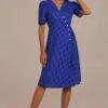 Blue Polka Dots Short Sleeve Cross V Neck Buttons Midi Dress -LILA Clothing Shop brld3052506 1