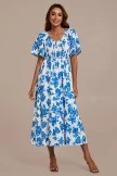 Blue Floral Short Sleeve V Neck Smocked Midi Dress