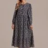 Floral Long Sleeve Round Neck Button Front Tiered Midi Dress -LILA Clothing Shop brld3060102 1