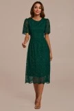 Dark Green Floral Lace Short Sleeve Round Neck Midi Dress