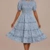 Blue Floral Short Sleeve High Ruffle Neck Smocked Tiered Midi Dress -LILA Clothing Shop brld3060105 5