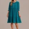 Green Puff 3/4 Length Sleeve Button Up Tiered Midi Dress -LILA Clothing Shop brld3070701 1