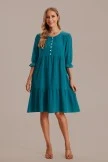 Green Puff 3/4 Length Sleeve Button Up Tiered Midi Dress