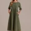 Green 3/4 Length Balloon Sleeve Round Neck Pocketed Midi Dress -LILA Clothing Shop brld3070704 1
