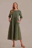 Green 3/4 Length Balloon Sleeve Round Neck Pocketed Midi Dress
