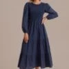 Blue Long Sleeve Round Neck Smocked Tiered Maxi Dress -LILA Clothing Shop brld3071304 1