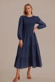 Blue Long Sleeve Round Neck Smocked Tiered Maxi Dress
