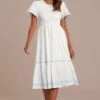 White Embroidery Short Ruffle Sleeve Round Neck Smocked Midi Dress -LILA Clothing Shop brld3101202 1 1