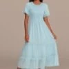 Blue Short Sleeve Round Neck Smocked Tiered Midi Dress -LILA Clothing Shop brld3101208 1