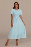 Blue Short Sleeve Round Neck Smocked Tiered Midi Dress