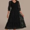 Black 3/4 Length Sleeve V Neck Smocked Midi Dress -LILA Clothing Shop brld3101209 1