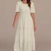 Cream Short Puff Sleeve Round Neck Tiered Midi Dress -LILA Clothing Shop brld3101212 1