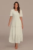 Cream Short Puff Sleeve Round Neck Tiered Midi Dress