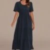 Navy Short Sleeve Round Neck Pocket Tiered Maxi Dress -LILA Clothing Shop brld3101214 1