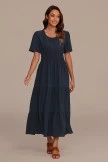 Navy Short Sleeve Round Neck Pocket Tiered Maxi Dress