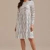 Ivory Stripe 3/4 Length Sleeve Round Neck Midi Dress -LILA Clothing Shop brld3101215 1