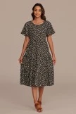 Black Floral Short Sleeve Round Neck Tiered Midi Dress
