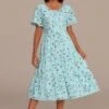 Light Blue Floral Short Sleeve Round Neck Tiered Midi Dress -LILA Clothing Shop brld3101908 1