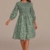 Green Floral 3/4 Length Sleeve Round Neck Smocked Midi Dress -LILA Clothing Shop brld3101912 1