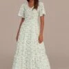 White Floral Short Sleeve V Neck Tiered Maxi Dress -LILA Clothing Shop brld3101915 1