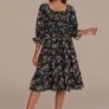Black Floral 3/4 Sleeve Square Neck Smocked Tiered Midi Dress -LILA Clothing Shop brld3102602 1