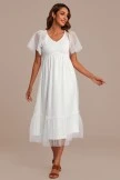 White Dot V Neck Short Ruffle Sleeve Smocked Midi Dress