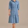 Blue Denim Long Sleeve Front Pocket Tiered Midi Dress -LILA Clothing Shop brld3102615 1