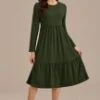 Olive 3/4 Sleeve Round Neck Tiered Midi Dress -LILA Clothing Shop brld3102617 1