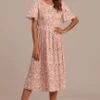 Light Pink Floral Short Ruffle Sleeve Round Neck Midi Dress -LILA Clothing Shop brld3102618 1 1