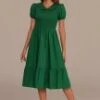 Green Short Puff Sleeve V Neck Smocked Midi Dress -LILA Clothing Shop brld3110207 1