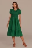 Green Short Puff Sleeve V Neck Smocked Midi Dress