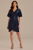 Navy Blue Sequin Half Sleeve V Neck Midi Dress
